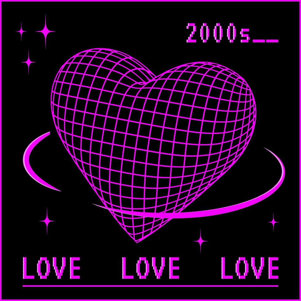y2k modieus hart vorm geven aan, 3d vector meetkundig figuur, dimensionaal meetkundig zuur het formulier in zwart kader, liefde symbool.