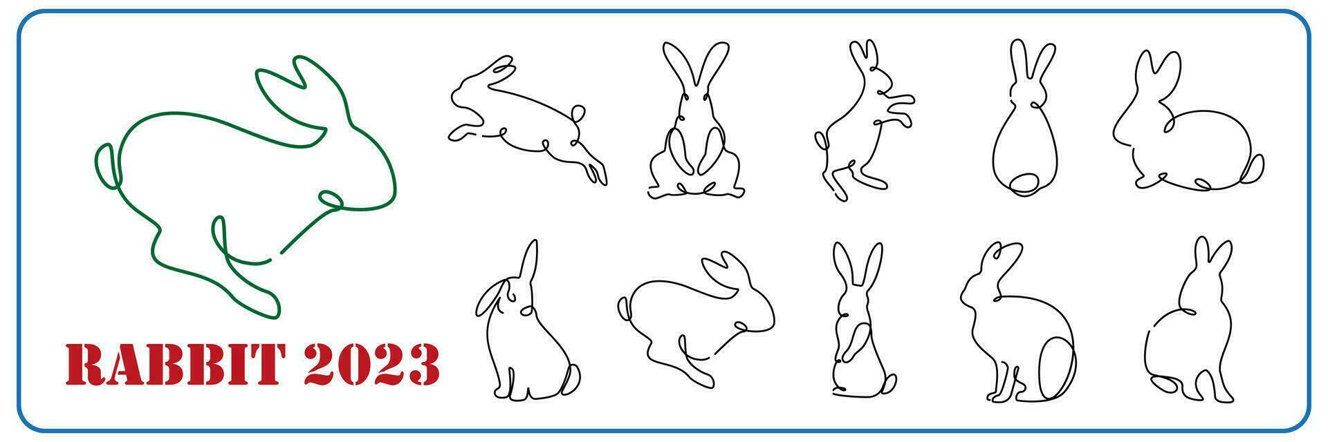 vector een lijn kunst 2023 gelukkig nieuw jaar illustratie met konijn. Chinese horoscoop viering kaart. dier thema icoon reeks vector konijn.
