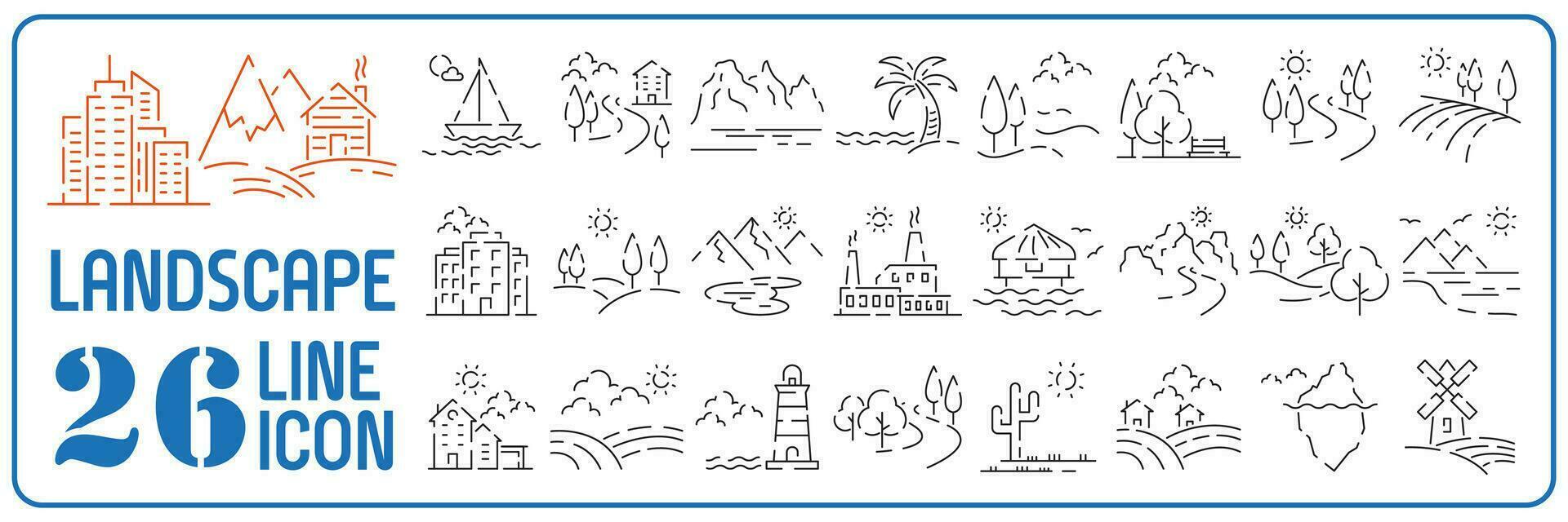 gemakkelijk reeks van landschap verwant vector lijn pictogrammen. bevat zo pictogrammen net zo boerderij, megapolis, woestijn en meer. park of tuin en huis in natuur.