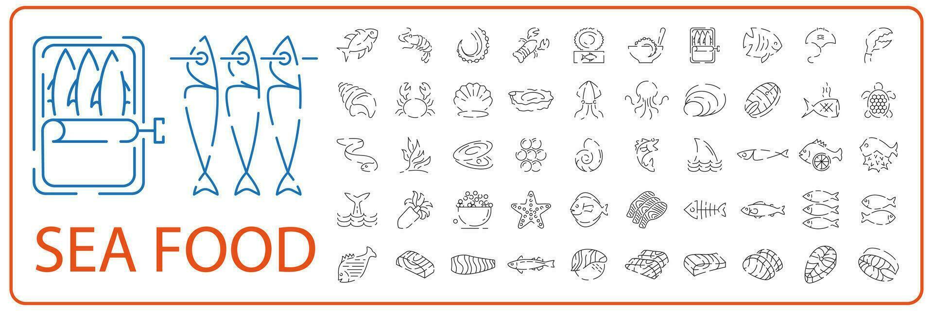 zeevruchten lijn pictogrammen set. vis en wit vlees restaurant vector. vector