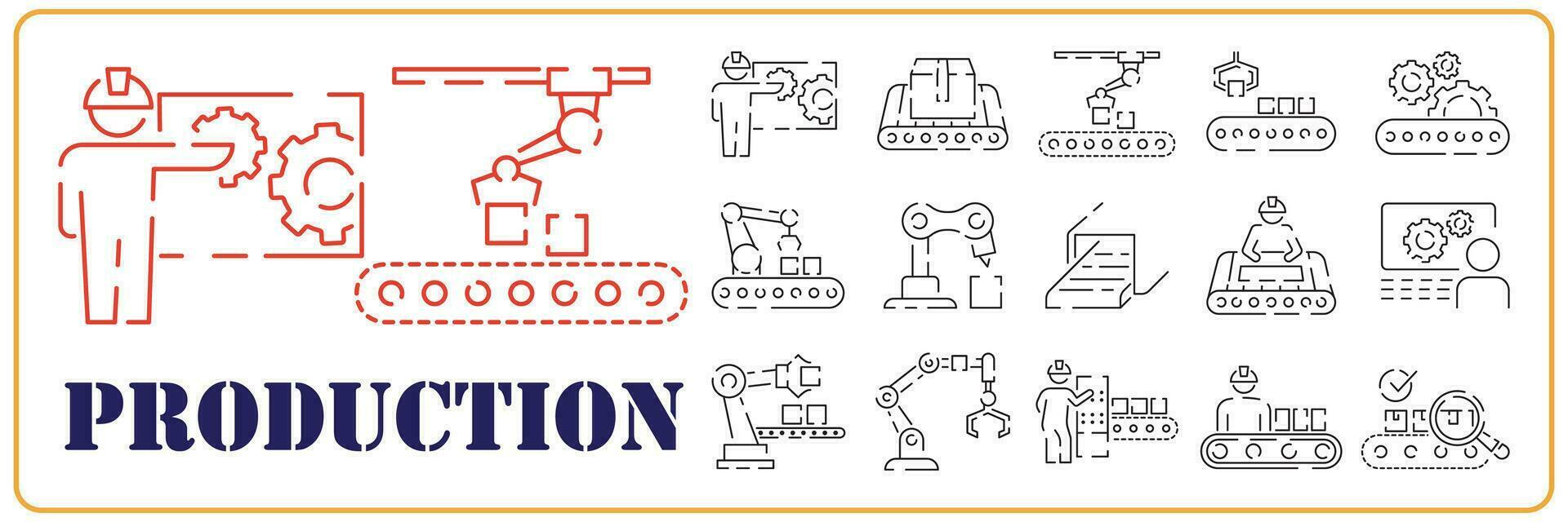 productie robot en fabricage lijn icoon set. inbegrepen de pictogrammen net zo werkwijze, productie, fabriek, inpakken en meer. vector