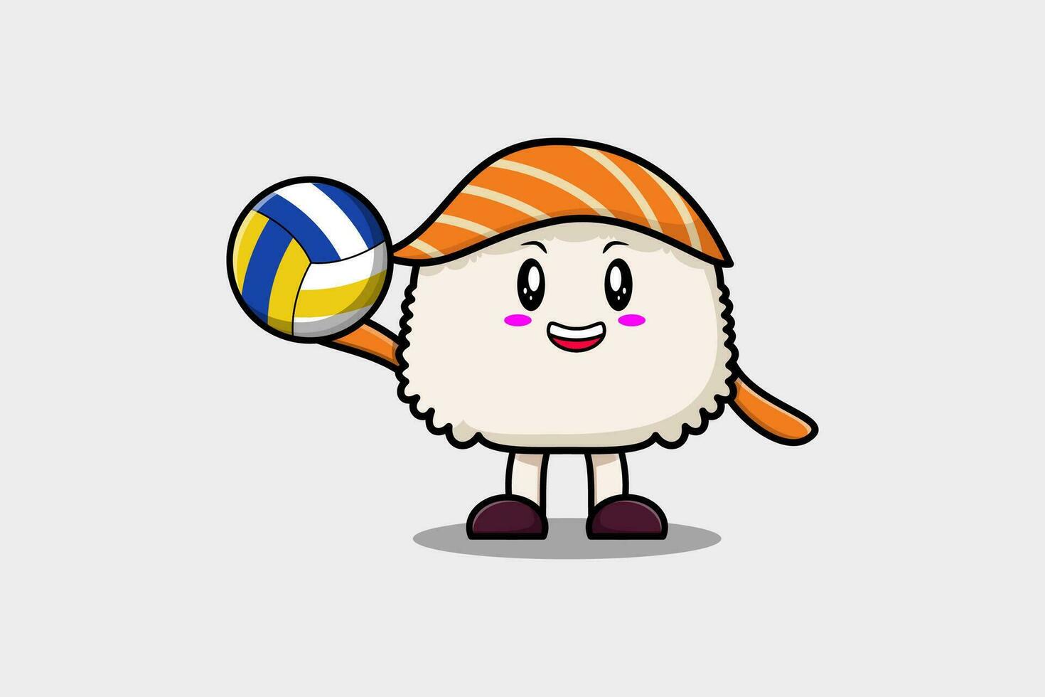 schattig tekenfilm sushi karakter spelen volleybal vector