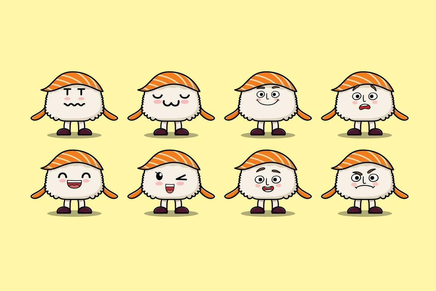 reeks kawaii sushi tekenfilm karakter uitdrukkingen vector