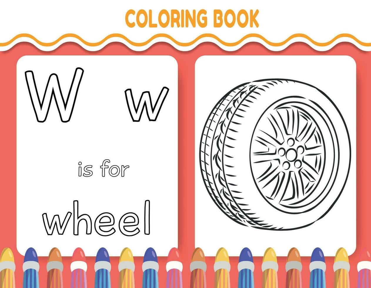 kinderen alfabet kleur boek bladzijde met geschetst clip art naar kleur. de brief w is voor wiel. vector