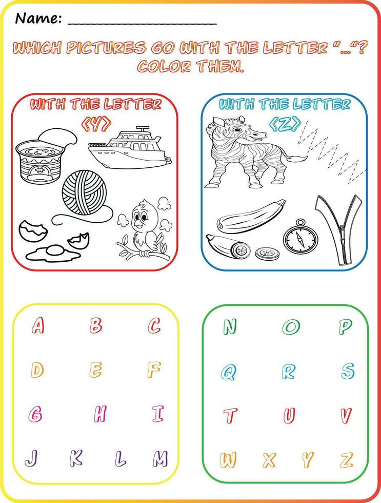 vroeg lezing en schrijven werkblad lezing afbeeldingen, kleuren, identificeren voorwerpen, aan het leren de alfabet, aan het leren de brieven ja, en z, beoefenen brief klinkt. vector