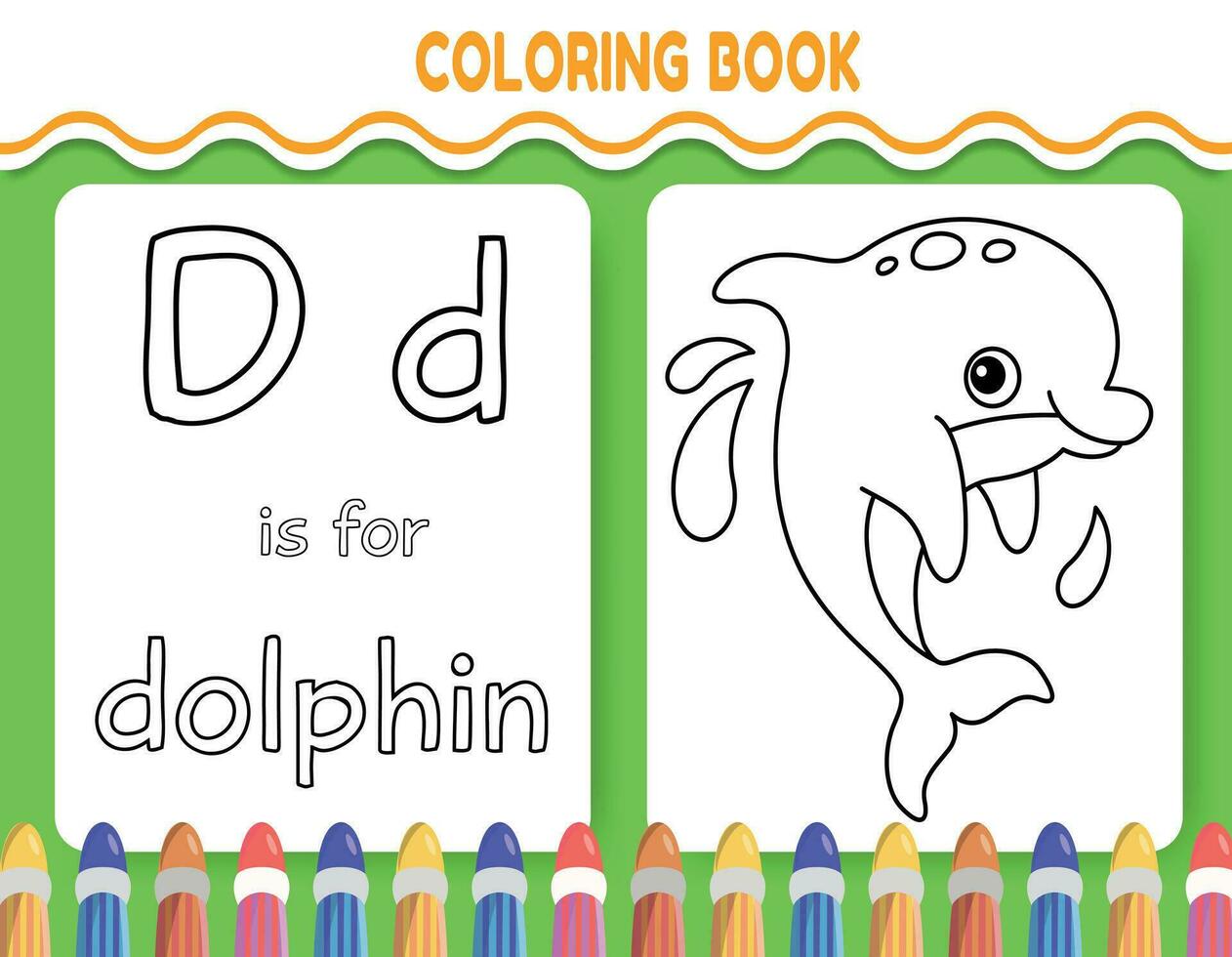 kinderen alfabet kleur boek bladzijde met geschetst clip art naar kleur. de brief d is voor dolfijn. vector