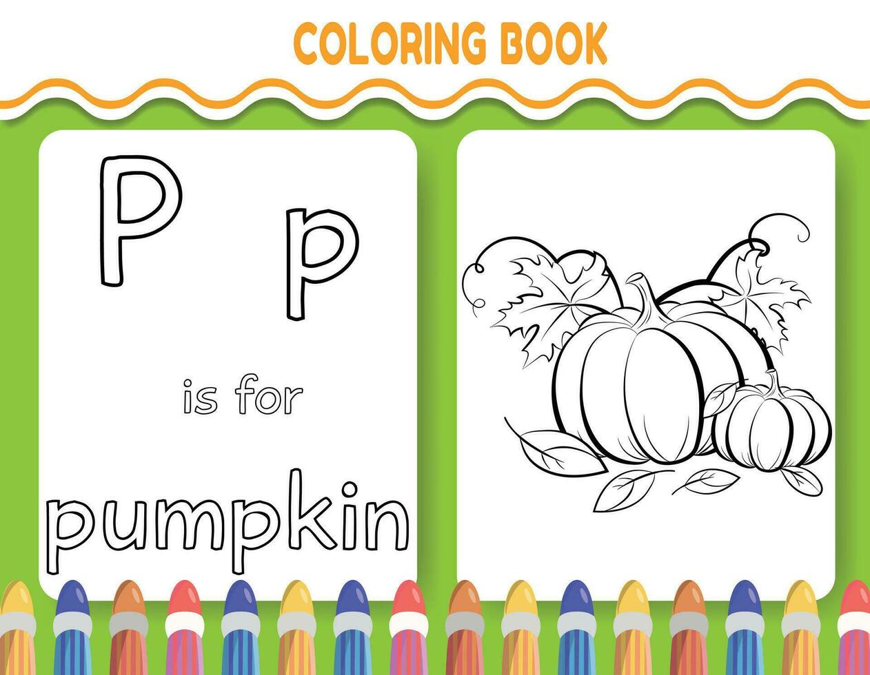 kinderen alfabet kleur boek bladzijde met geschetst clip art naar kleur. de brief p is voor pompoen. vector