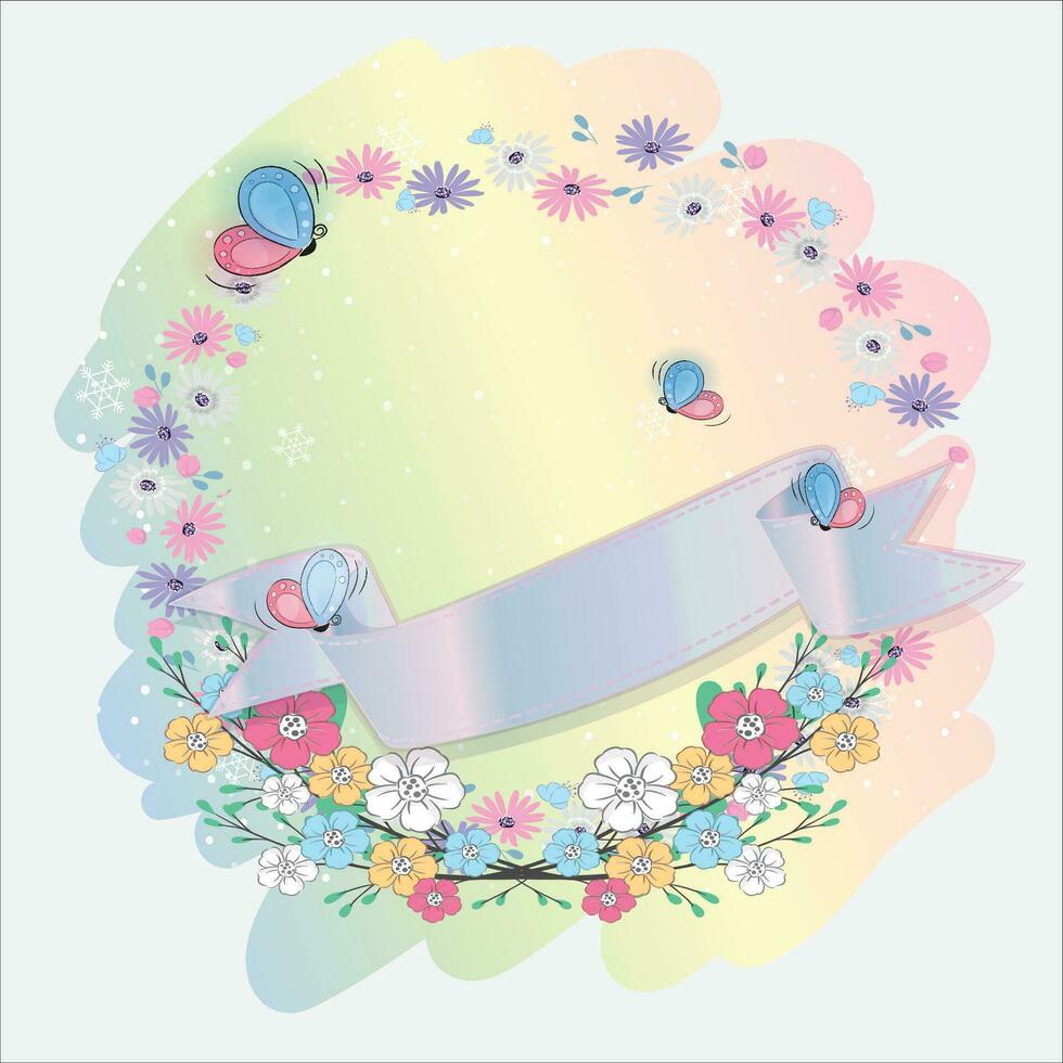 schattig vector dromerig regenboog kleur achtergrond met kleurrijk banier en bloemen