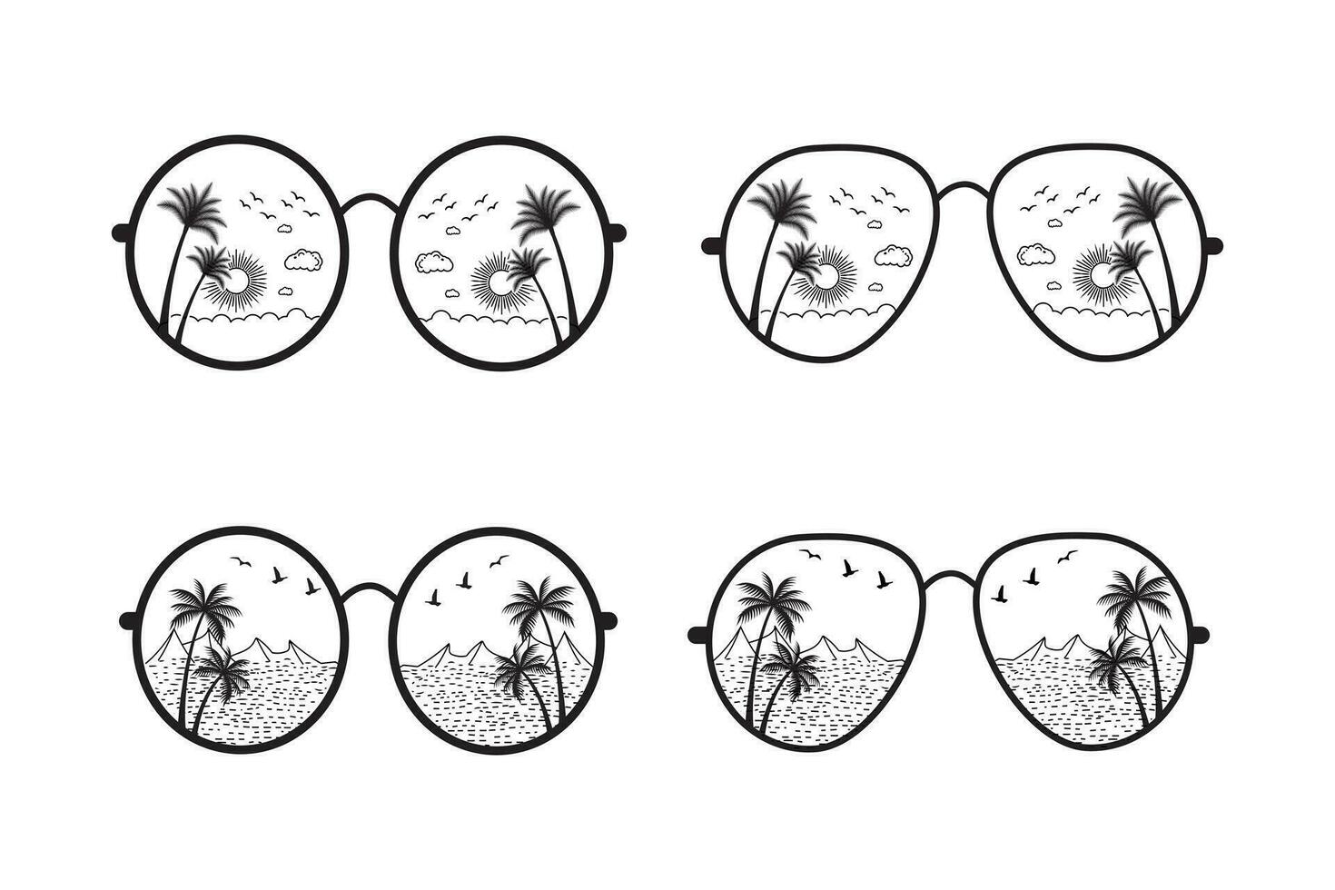 lijn kunst strand reflectie zonnebril vector t-shirt ontwerp element, zonsopkomst zonneschijn Golf schets stijl, zomer vakantie met palm bomen bril icoon, zomertijd modieus afdrukken