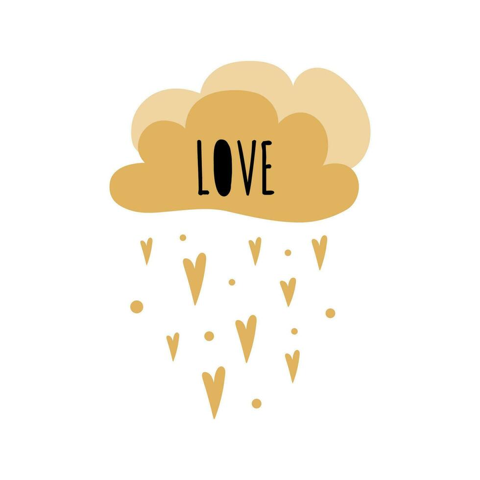 tekst liefde in wolk vorm gouden harten regen kinderen poster schattig kinderachtig typografie afdrukken bbaby douche uitnodiging goud kleuren vector illustratie ansichtkaart baby kamer muur kunst kinderen kamer decor.