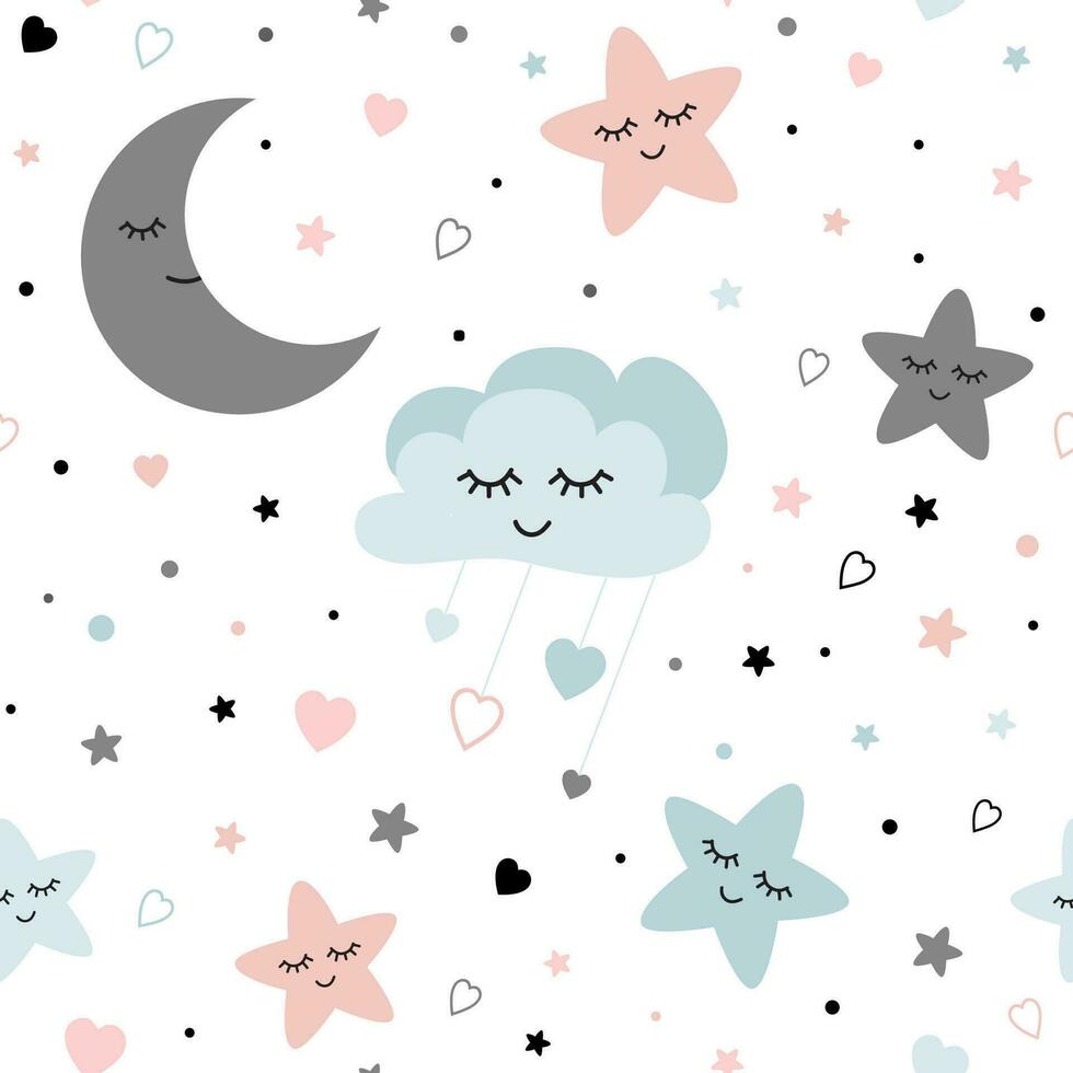 naadloos schattig kinderen patroon schattig baby sterren en wolken maan creatief nacht stijl kinderen licht roze blauw grijs kleur structuur voor kleding stof omhulsel textiel achtergrond kinderen pyjama vector illustratie.
