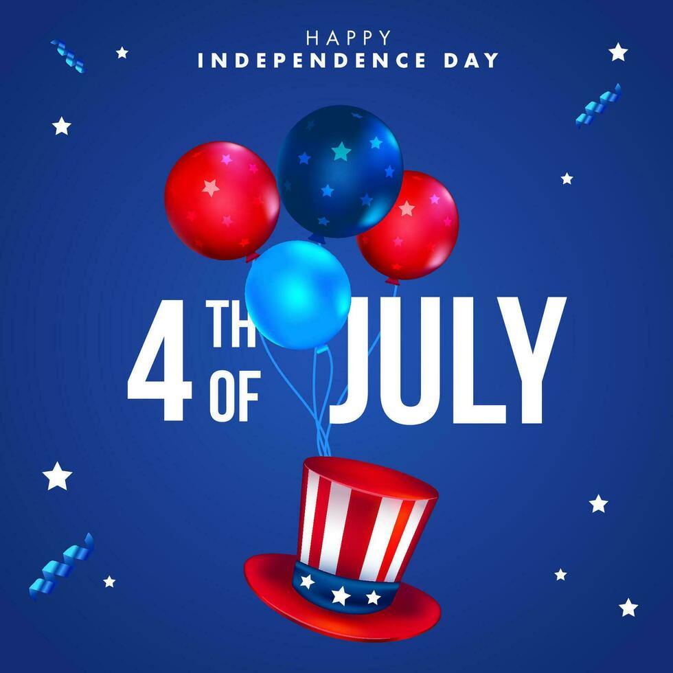 gelukkig onafhankelijkheid dag banier met ballonnen en hoed. 4e van juli vector
