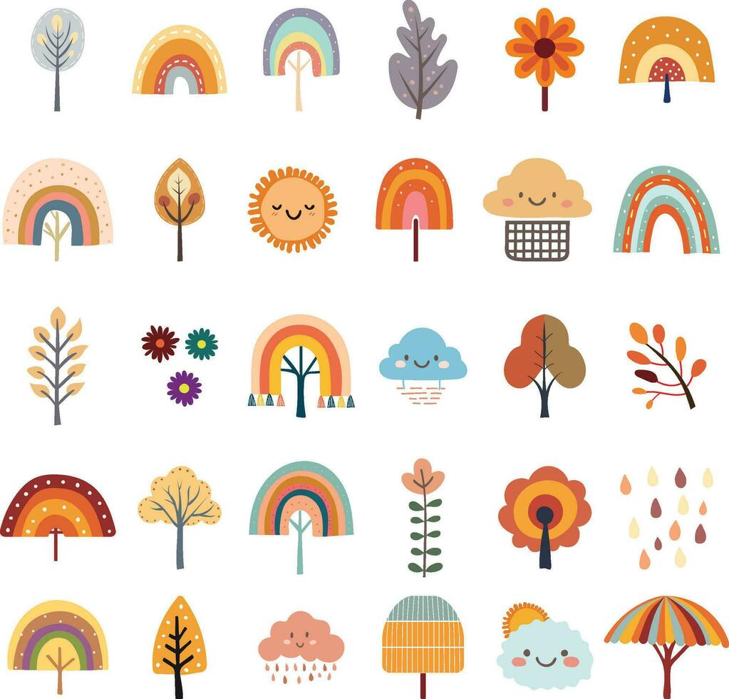 reeks van schattig boho regenbogen verzameling met herfst kleuren Scandinavisch stijl. vector