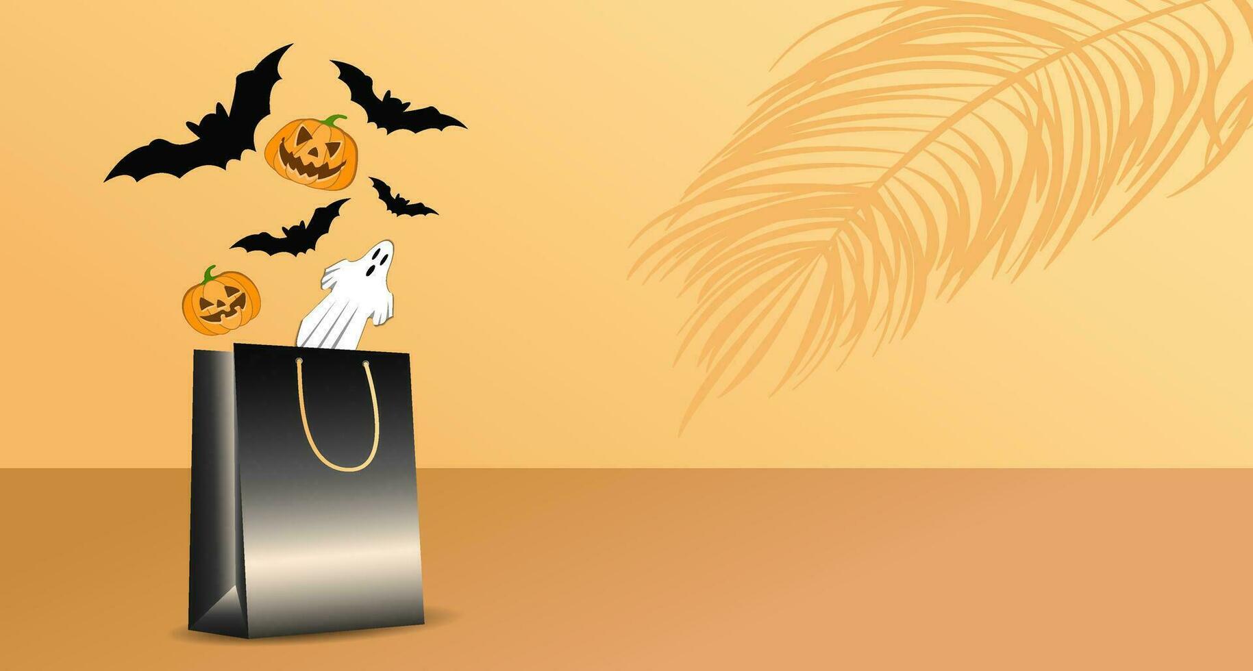 podium voor de presentatie van goederen Aan een oranje studio achtergrond, met een geschenk zak voor winkelen, de concept van halloween verkoop, vleermuizen en pompoen lantaarns, winkelen, Product reclame vector