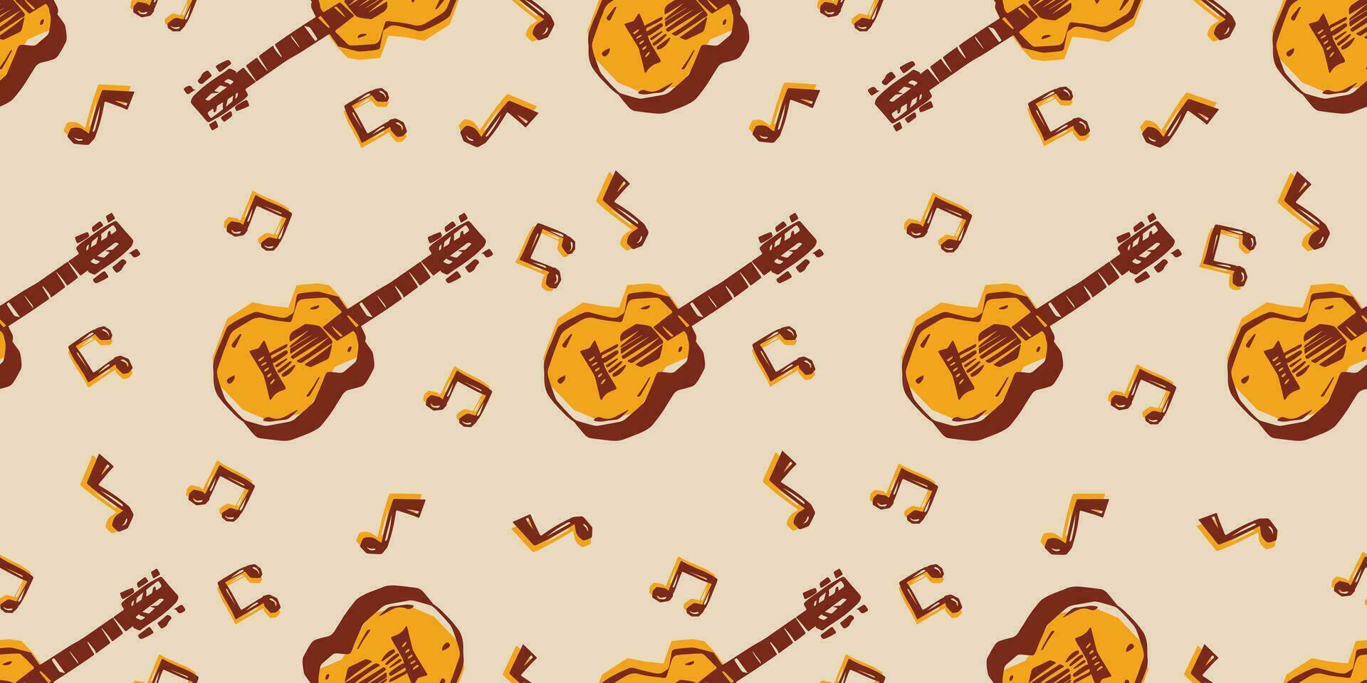 akoestisch gitaar en musical aantekeningen hand- getrokken clip art naadloos patroon, ideaal voor kleding prints en decoratief muren vector