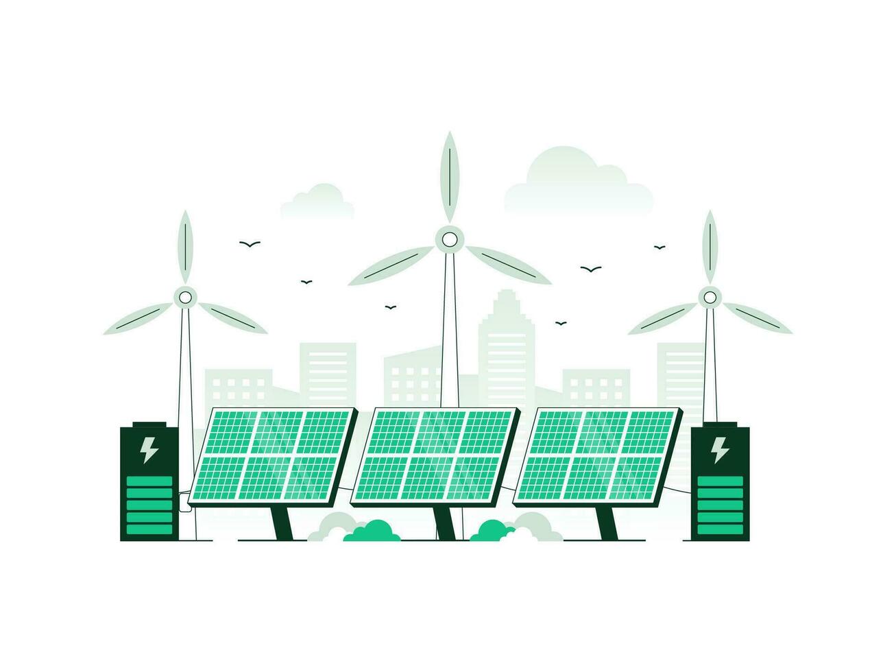 hernieuwbare energiebronnen energie en hernieuwbaar elektrisch macht station met zonne- panelen en wind turbines. schoon elektrisch energie van hernieuwbaar bronnen zon en wind. vector illustratie met minimalistische kleur.
