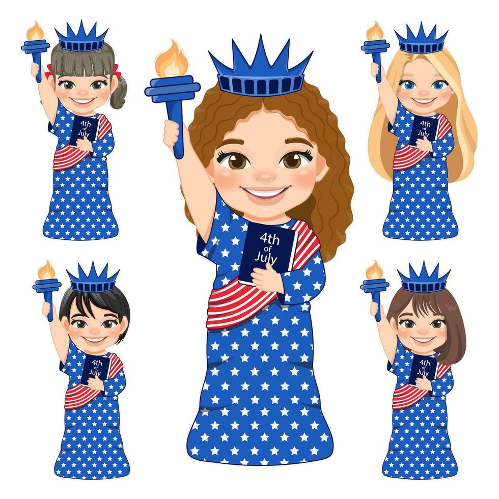 reeks van Amerikaans meisje portret vieren 4e van juli onafhankelijkheid dag met kostuum, standbeeld van vrijheid, vlak icoon stijl vector