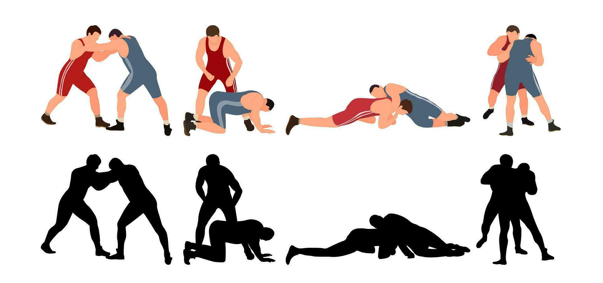 reeks van worstelaars silhouetten. beeld van greco Romeins worstelen, krijgshaftig kunst, sportiviteit vector