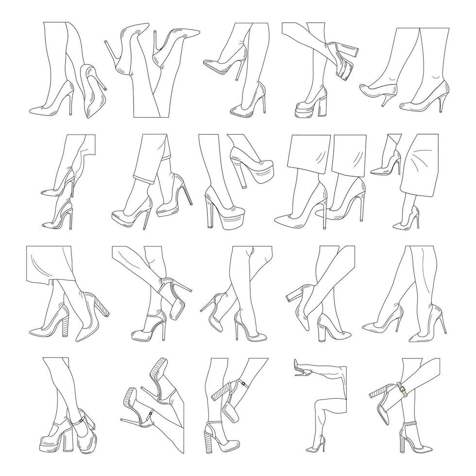 schets schetsen 20 silhouetten van vrouw poten. schoenen stiletto's, hoog hakken. wandelen, staan, rennen, springen, dans vector