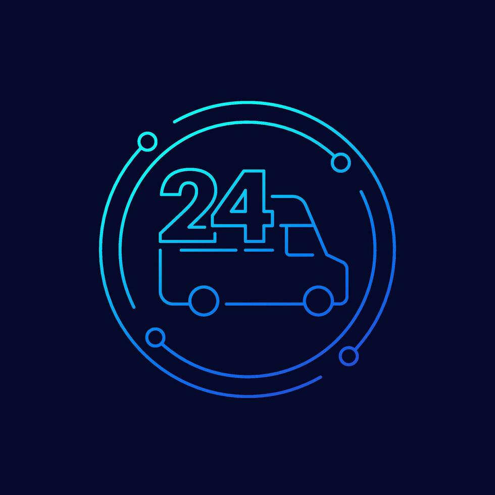 24 uren levering icoon met een bestelwagen, lineair ontwerp vector