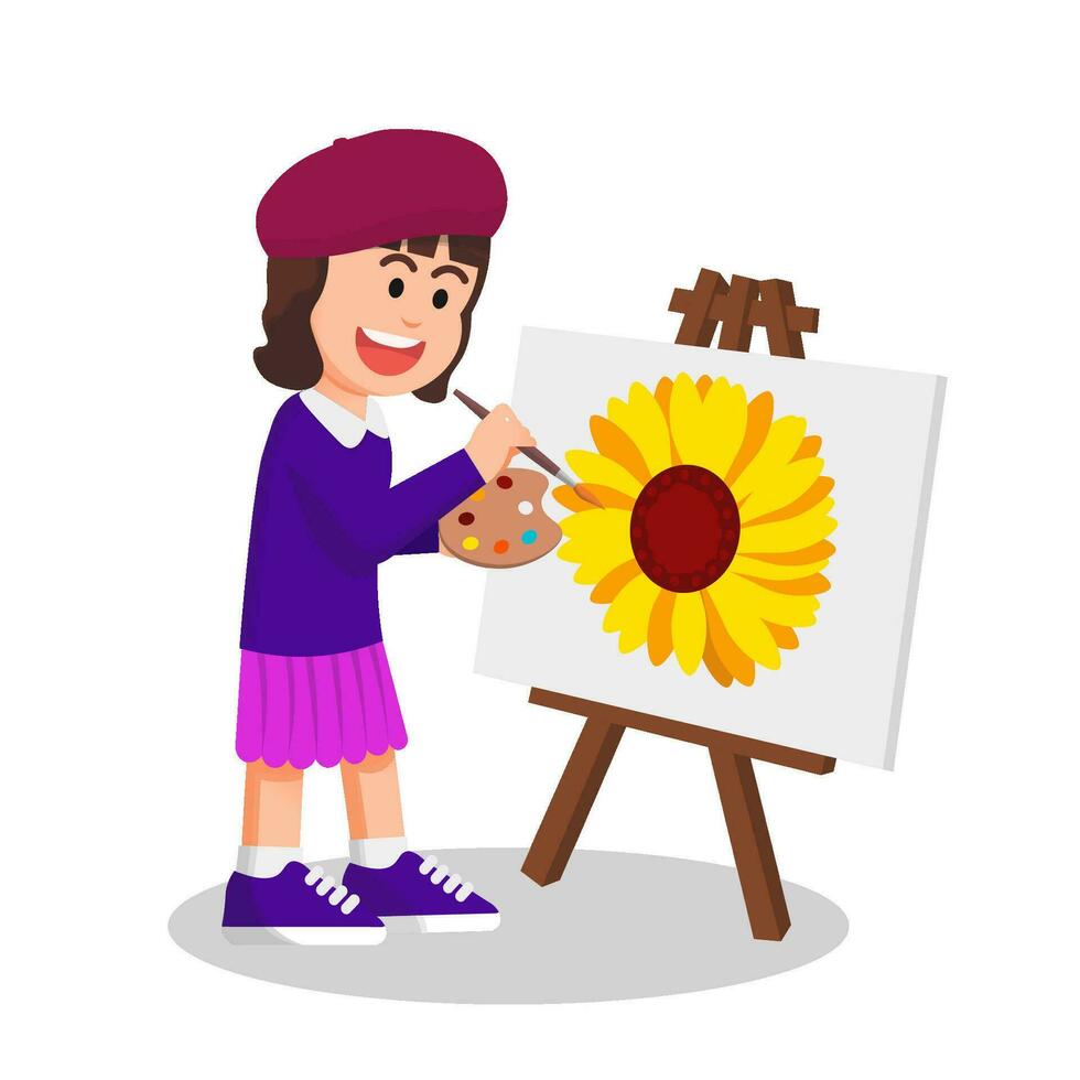 een schattig weinig meisje verven bloemen Aan canvas vector