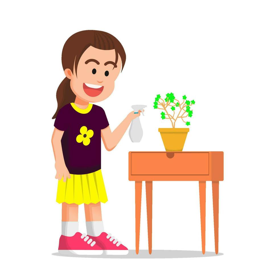 schattig weinig meisje sproeien haar planten gelukkig vector