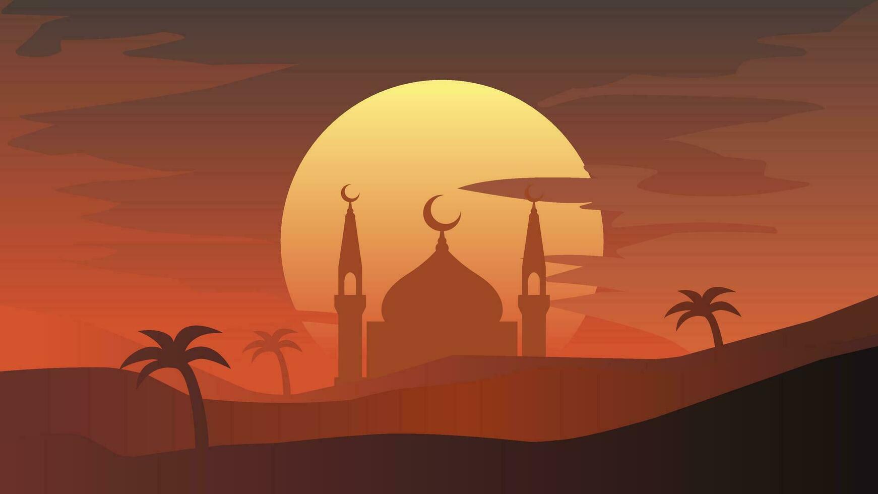 Islamitisch landschap vector illustratie. moskee landschap met berg heuvel en glimmend lucht. achtergrond landschap voor Islam religie en moslim vertrouwen. behang van ontwerp berg met moskee silhouet