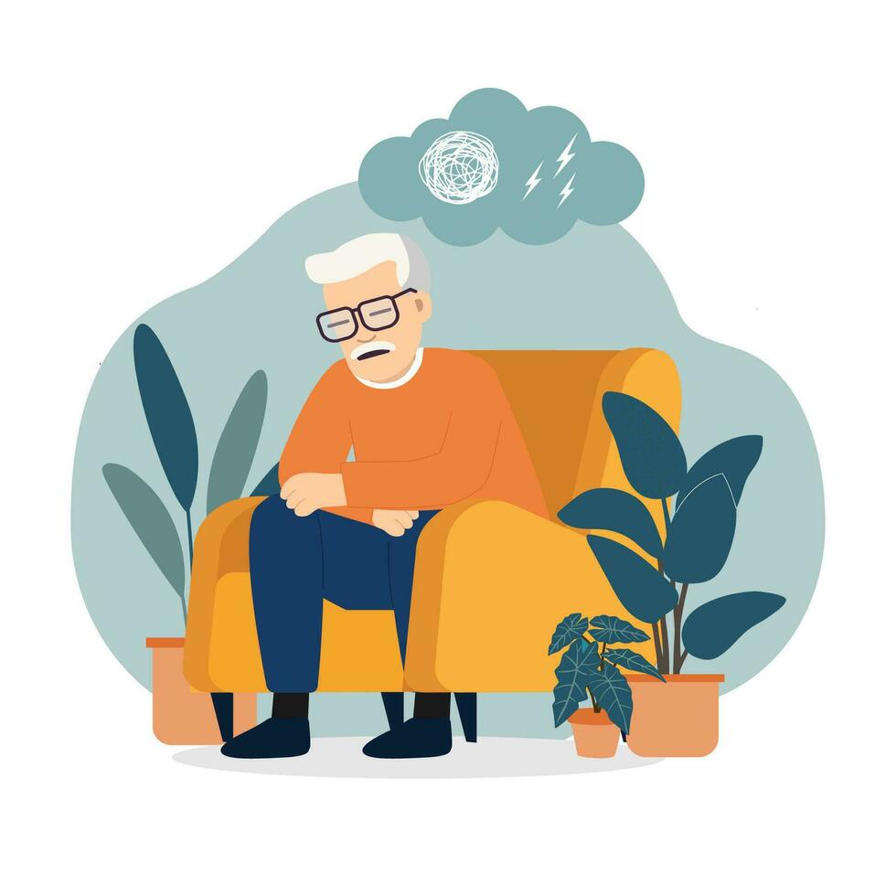 angstig senior Mens zittend Aan bank. vlak ontwerp stijl vector illustratie.