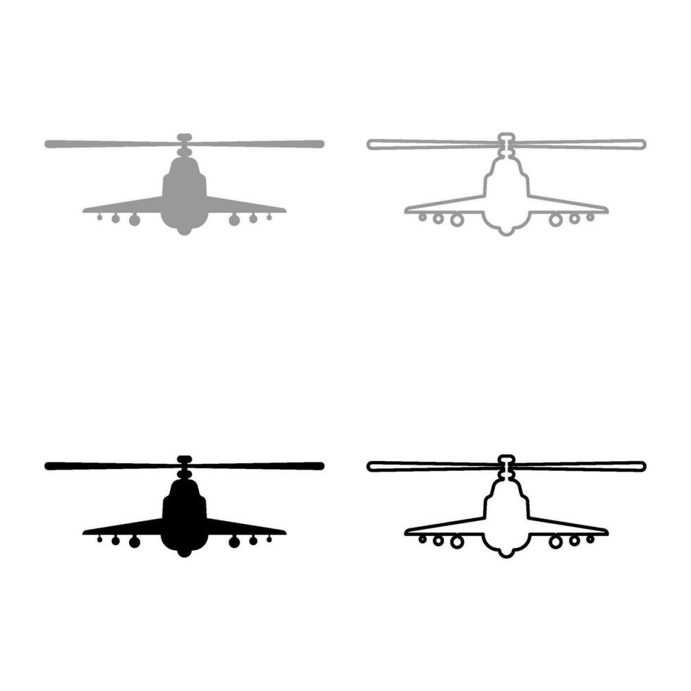 gevecht helikopter aanval leger concept visie voorkant reeks icoon grijs zwart kleur vector illustratie beeld solide vullen schets contour lijn dun vlak stijl