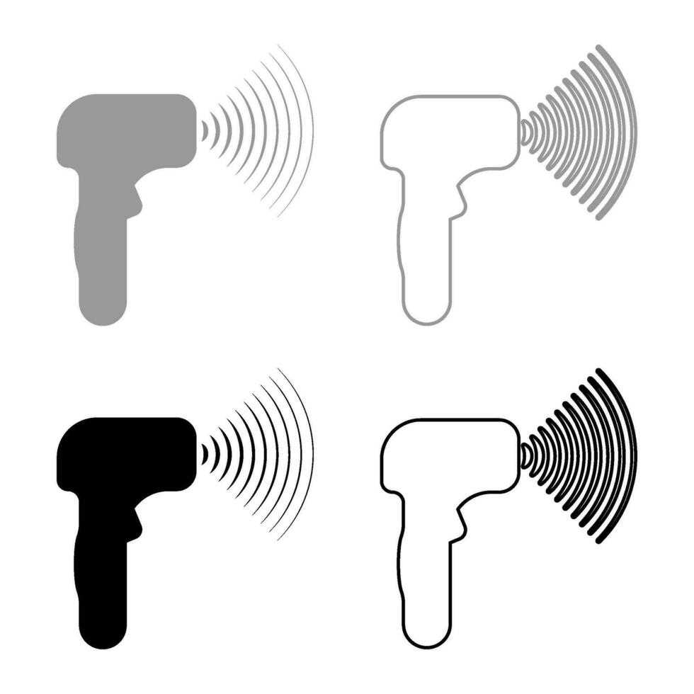 emitter van golven elektron geweer handleiding thermometer voorhoofd infrarood apparaat voor meten temperatuur contactloos contactloos digitaal reeks icoon grijs zwart kleur vector illustratie beeld solide vullen