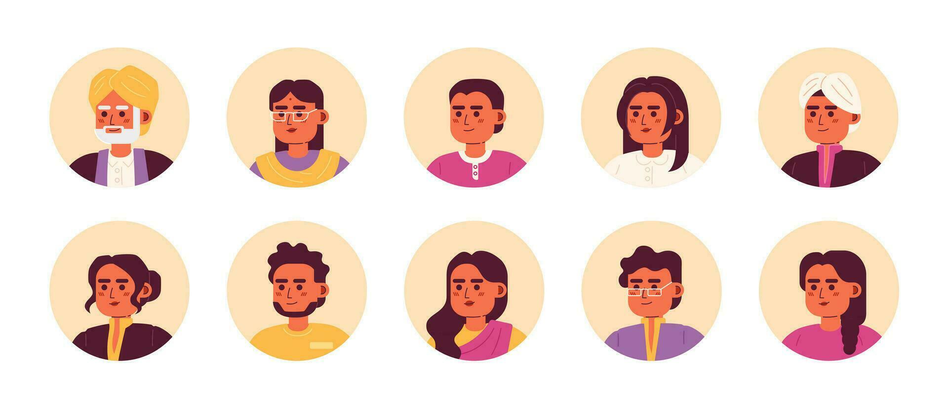 Indisch in traditioneel kleren semi vlak kleur vector karakter hoofden pak. gelukkig mensen. kleurrijk avatar pictogrammen. bewerkbare tekenfilm stijl emoties. gemakkelijk plek illustratie bundel voor web grafisch ontwerp