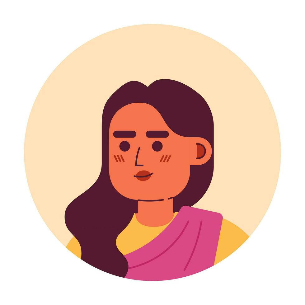 echt volwassen Indisch vrouw semi vlak vector karakter hoofd. bewerkbare tekenfilm avatar icoon. gekruld haar- brunette in sari. gezicht emotie. kleurrijk plek illustratie voor web grafisch ontwerp, animatie