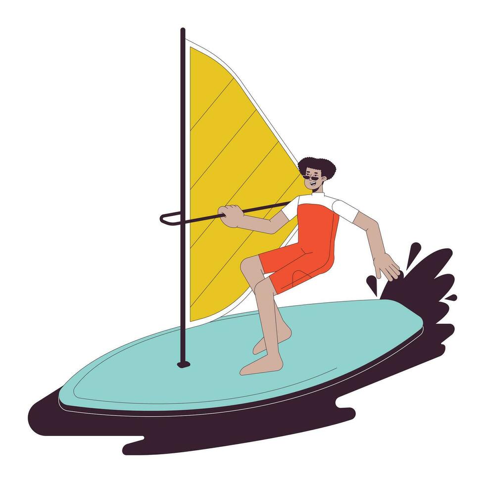 extreem het windsurfen sport vlak lijn vector plek illustratie. badmode latino Mens surfing met zeil 2d tekenfilm schets karakter Aan wit voor web ui ontwerp. bewerkbare geïsoleerd kleurrijk held beeld