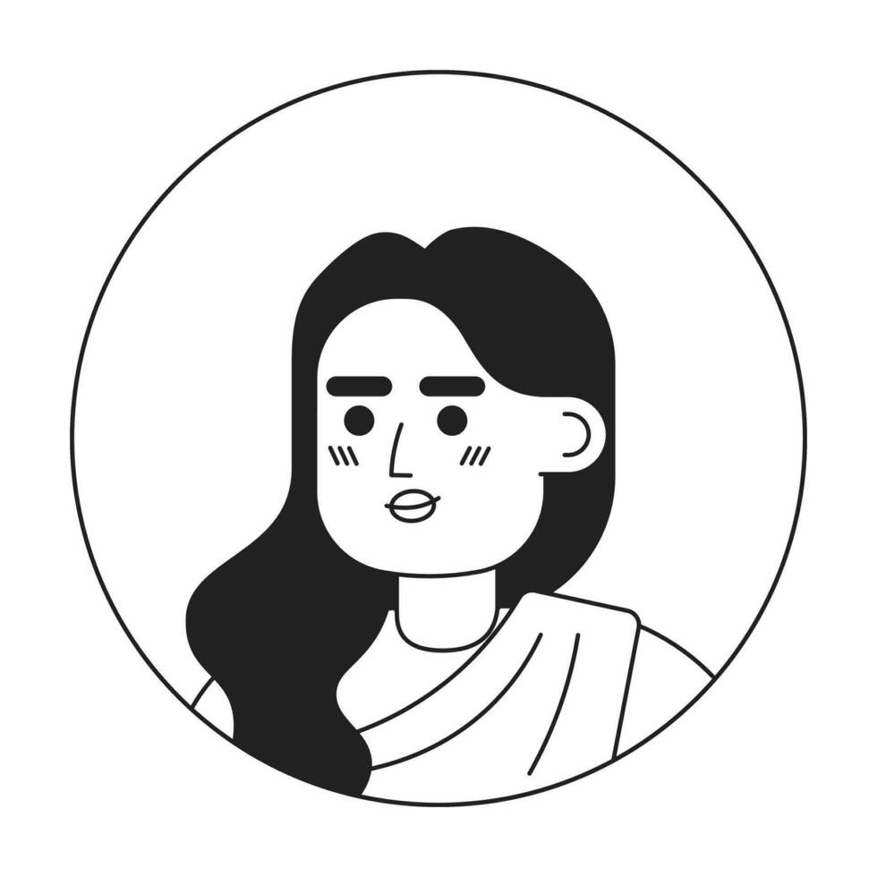 echt volwassen Indisch vrouw monochroom vlak lineair karakter hoofd. bewerkbare tekenfilm avatar icoon. gekruld haar- brunette in sari. gezicht emotie. kleurrijk plek illustratie voor web grafisch ontwerp, animatie vector