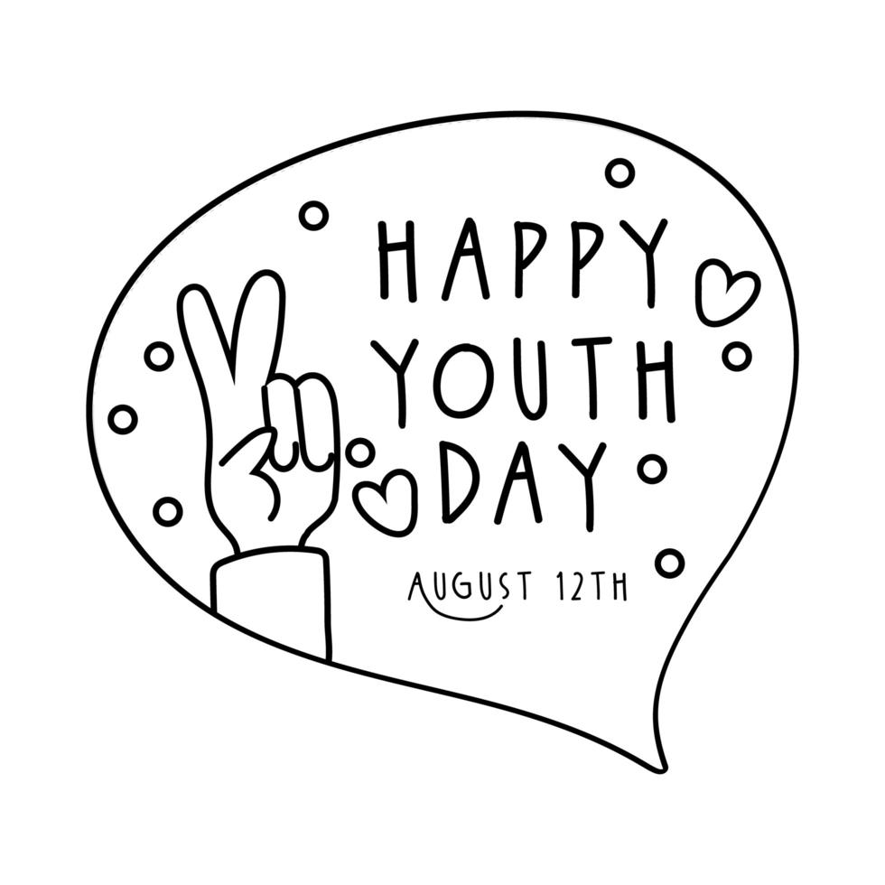 gelukkige jeugddag belettering in tekstballon en hand vrede en liefde lijnstijl vector