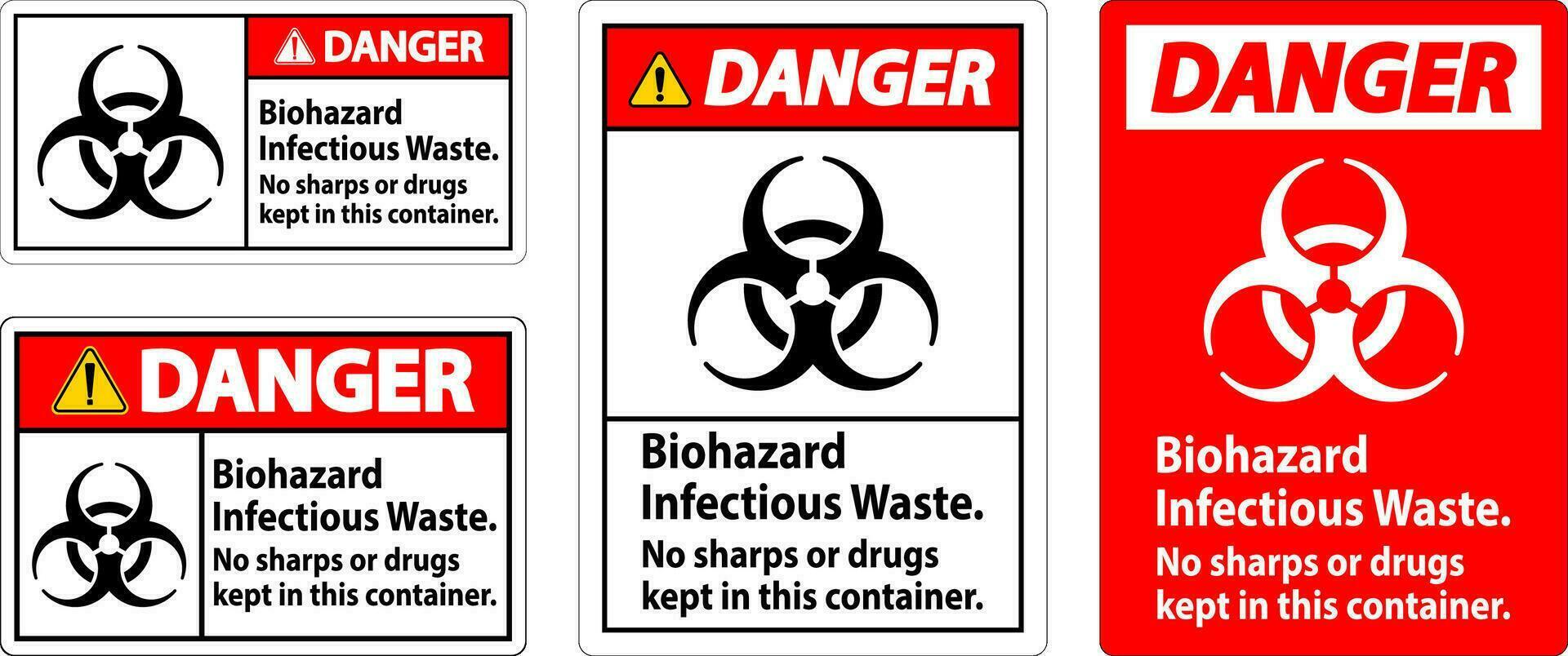 Gevaar etiket biohazard besmettelijk afval, Nee scherpe punten of verdovende middelen gehouden in deze houder vector