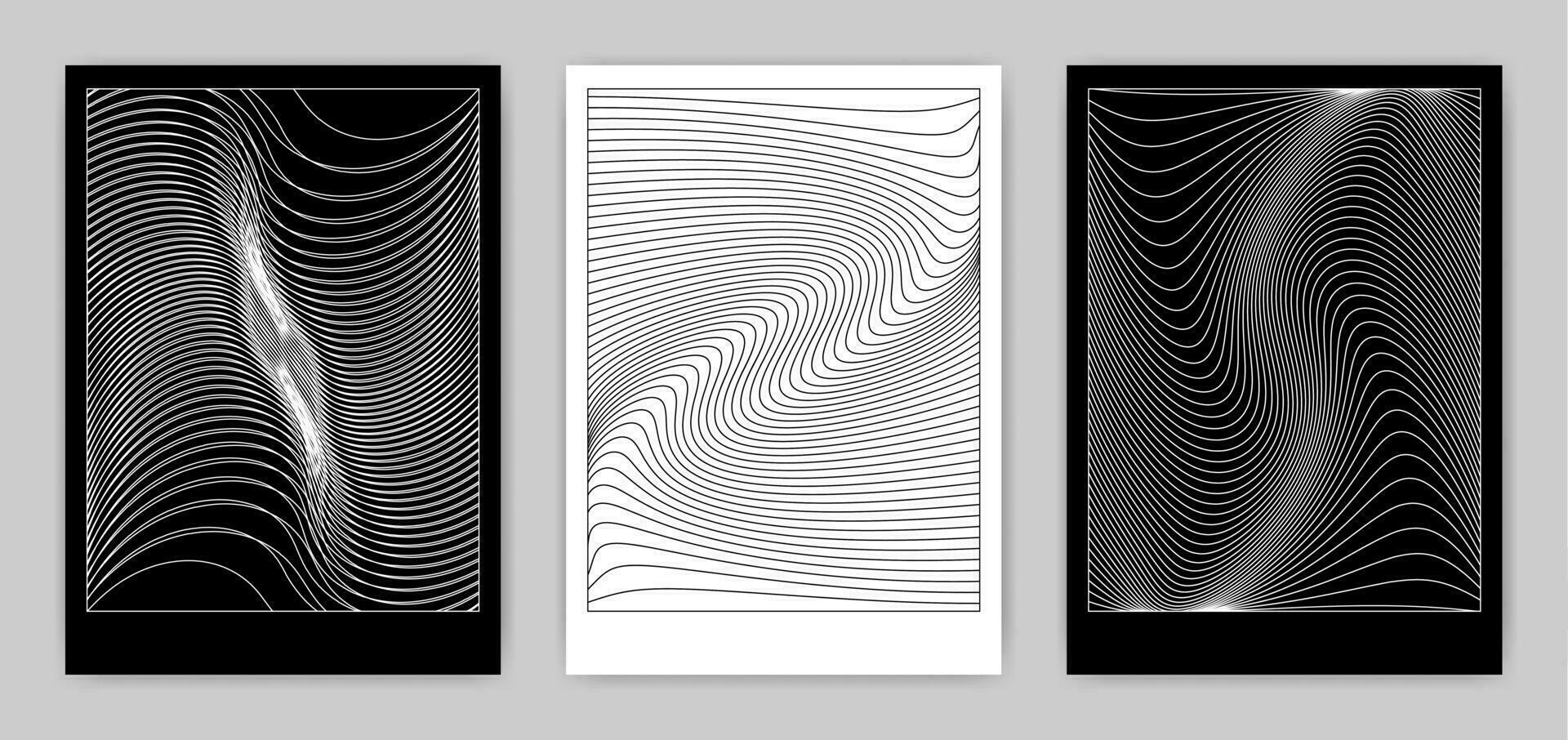 zwart en wit meetkundig posters met vervormd lijnen, set. abstract muur kunst. vector