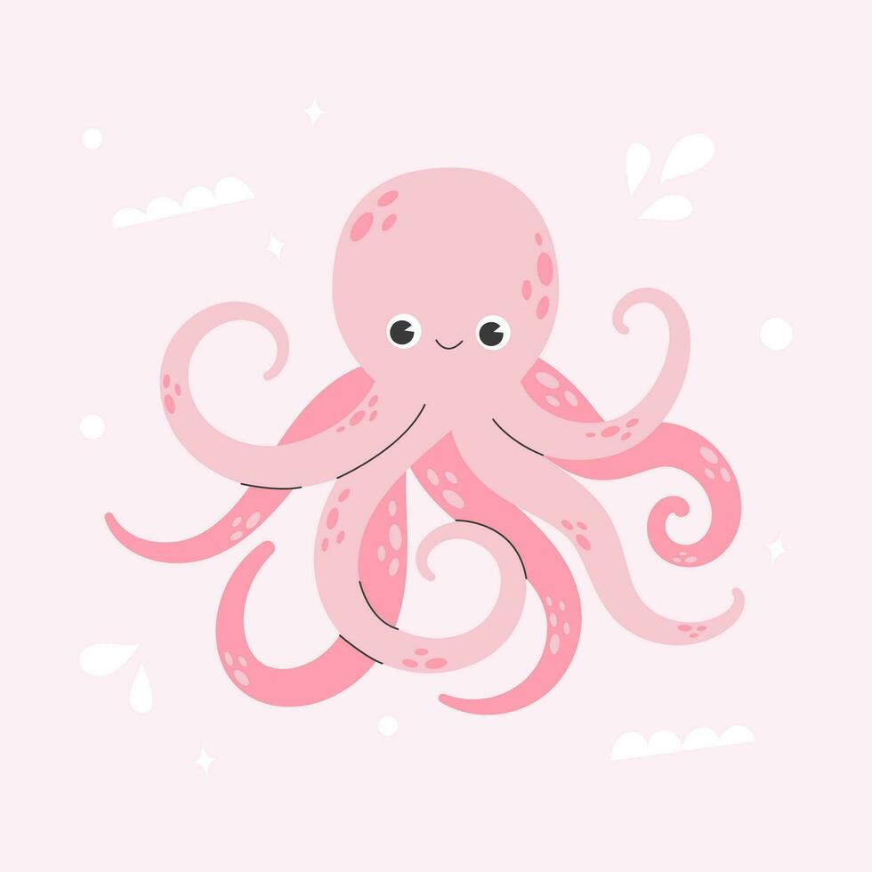 schattig glimlachen Octopus geïsoleerd Aan roze achtergrond. grappig onderwater- roze dier met acht tentakels. kinderachtig karakter. gekleurde vlak tekenfilm vector illustratie. schattig tekenfilm onderzees wereld.