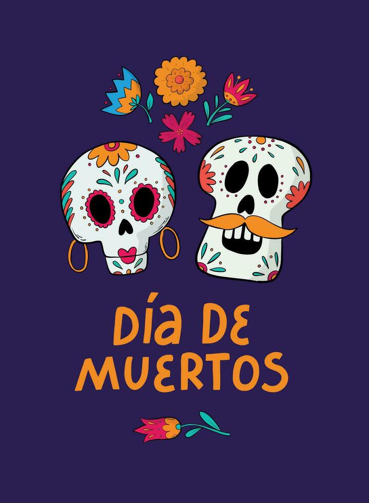 webdia de Muertos kaart, poster, afdrukken, uitnodiging, banier versierd met belettering citaat, bloemen en schedels. eps 10 vector
