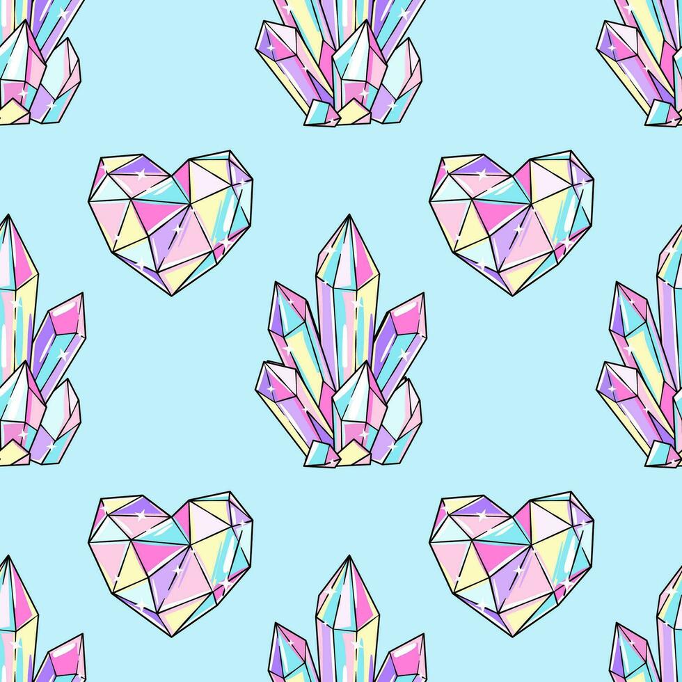 Kristallen, diamanten, en kristal hart naadloos patroon, achtergrond vector