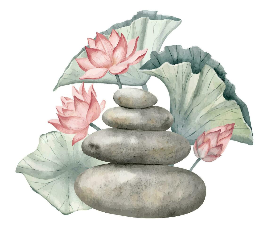 stack van vlak steentjes met roze lotussen en bladeren. hand- getrokken waterverf illustratie van balanceren stenen en water lelie Aan wit geïsoleerd achtergrond. tekening van rotsen voor meditatie en zen ontwerp vector