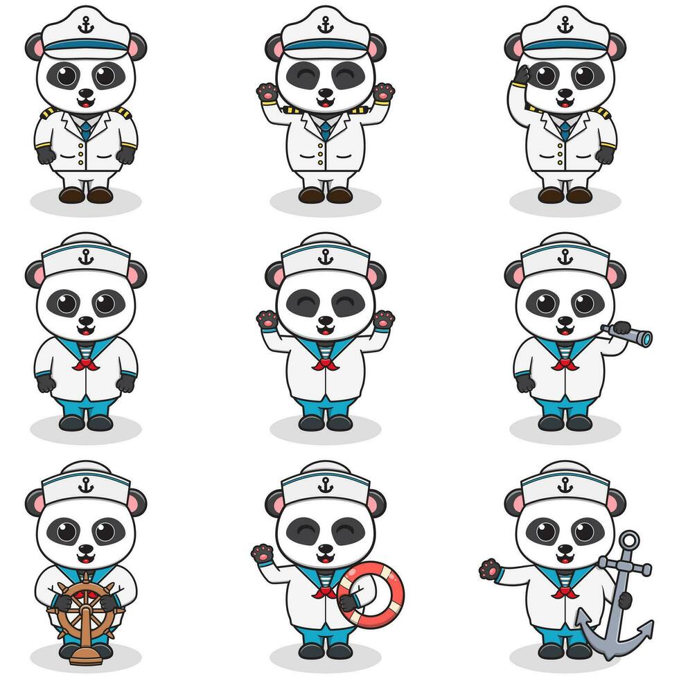 grappig panda zeelieden set. schattig panda tekens in gezagvoerder pet tekenfilm vector illustratie.