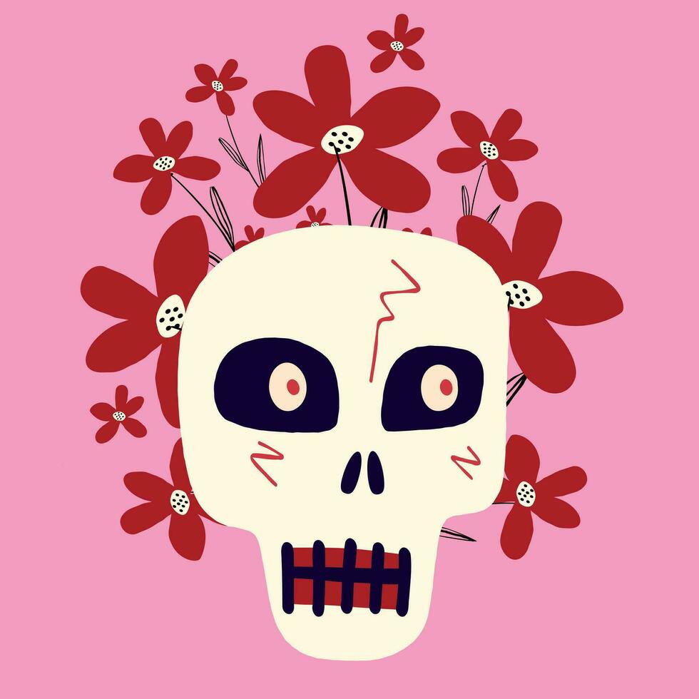 schattig griezelig schedel met bloemen. halloween illustratie in een modern kinderachtig hand getekend stijl vector