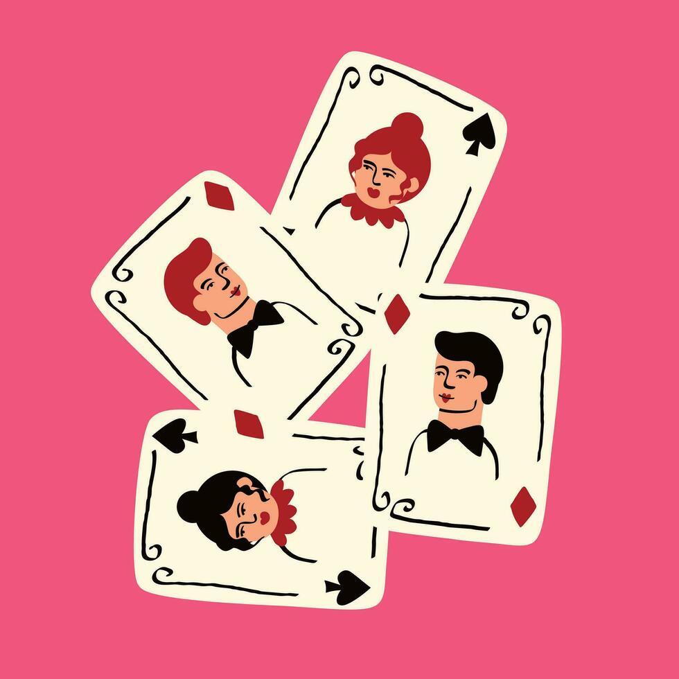 spelen kaarten met jack en koningin van schoppen. valentijnsdag dag illustratie in modern modieus stijl vector
