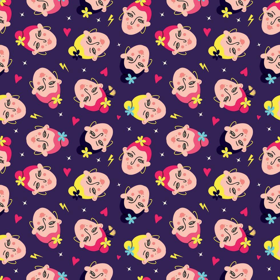 roze levendig patroon met komisch grappig meisjesachtig gezichten, vector