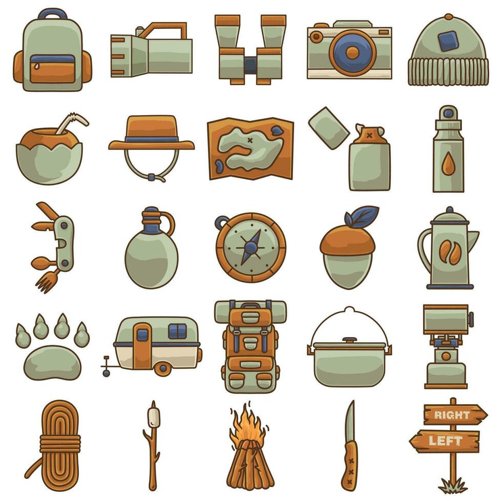 bundel van geassorteerd camping uitrusting items vector