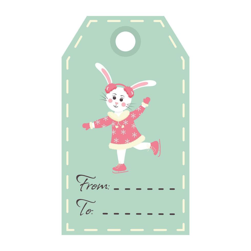 Kerstmis label met schattig konijn meisje Aan schaatsen. vakantie geschenk etiket sjabloon. vector