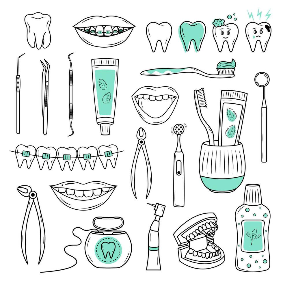 schattig tekening tandarts reeks met divers tandheelkundig apparatuur. lijn pictogrammen van tandheelkunde. stomatologie, orthodontie, mondeling Gezondheid zorg en hygiëne, tandheelkundig instrumenten. vector