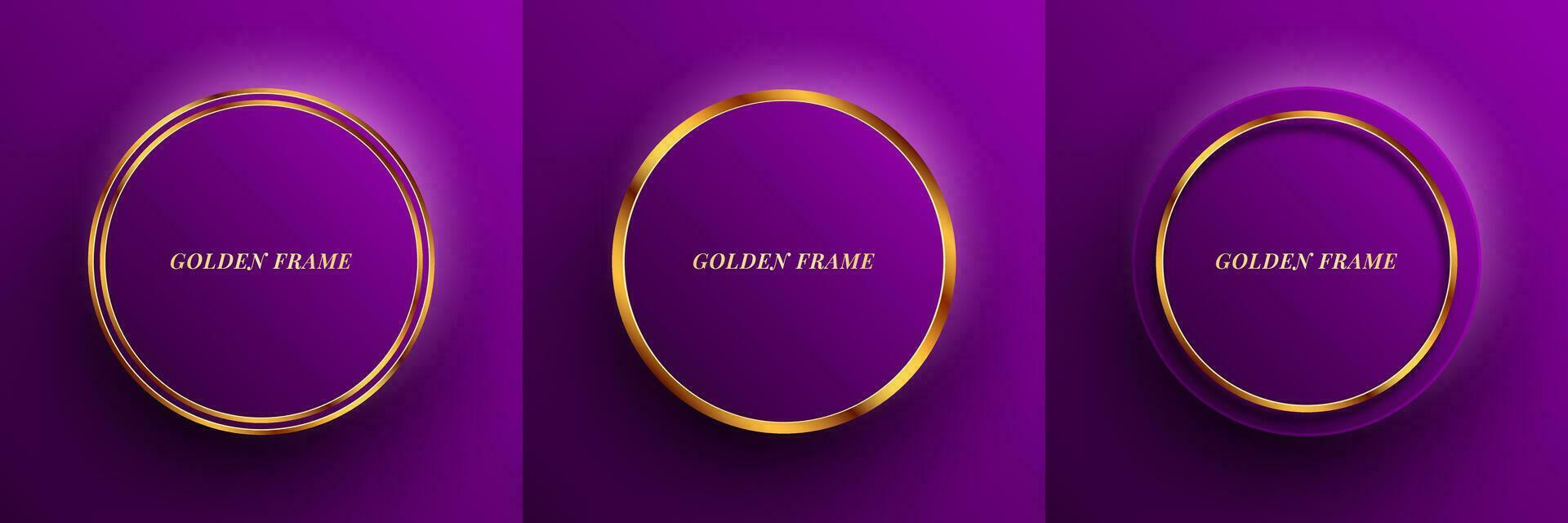 3d gouden cirkels reeks Aan Purper achtergrond. goud gekleurde luxe kader pak Aan donker ruimte. modern grafisch ontwerp element gloeiend stijl concept voor banier, folder, kaart, landen bladzijde, of brochure Hoes vector