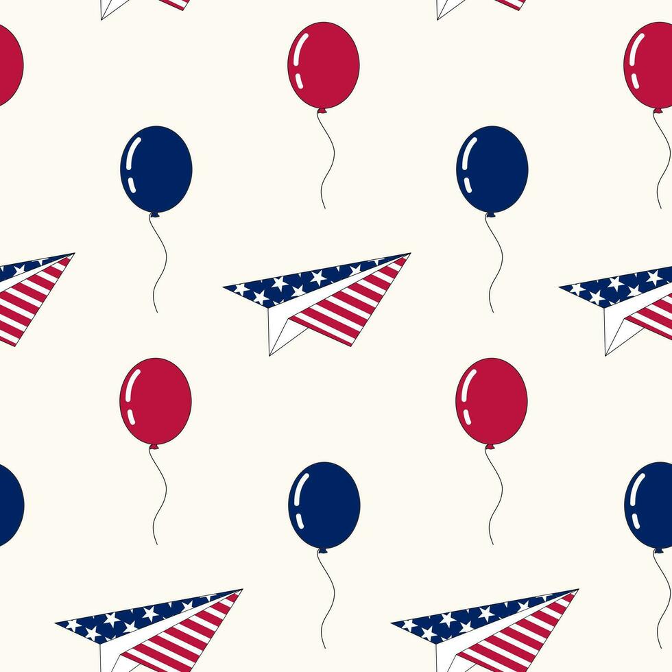 naadloos patroon van hand- getrokken 4e van juli papier vliegtuigen en ballonnen, Aan geïsoleerd achtergrond. ontwerp voor onafhankelijkheid dag, 4e van juli, vrijheid viering. patriottisch en gedenkteken decoratie. vector